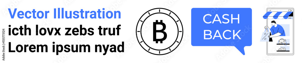 Bitcoin symbol, cash back button, and a storefront with person and shopping cart in blue and black tones. Ideal for finance, cashback programs, cryptocurrency, shopping discounts, loyalty rewards Bitcoin symbol, cash back button, and a storefront with person and shopping cart in blue and black tones. Ideal for finance, cashback programs, cryptocurrency, shopping discounts, loyalty rewards