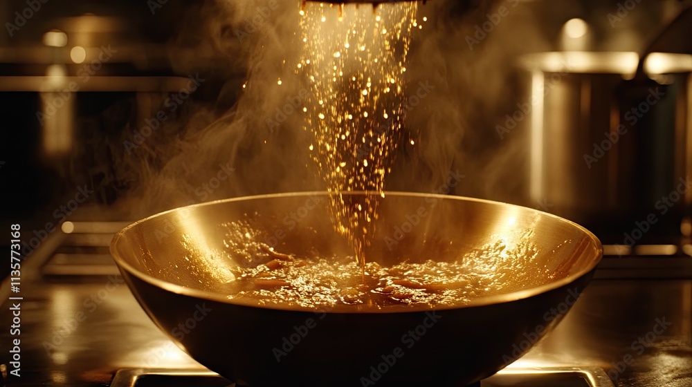 Cooking Process with Golden Sparkles in Pan on a Modern Kitchen Stove Cooking Process with Golden Sparkles in Pan on a Modern Kitchen Stove