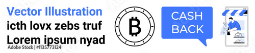 Bitcoin symbol, cash back button, and a storefront with person and shopping cart in blue and black tones. Ideal for finance, cashback programs, cryptocurrency, shopping discounts, loyalty rewards