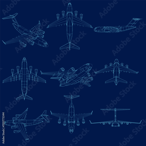 set of airplanes line art vector illustrations