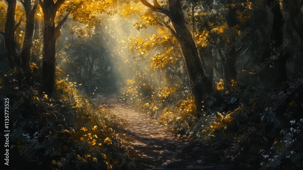 Fototapeta premium A Forest Path with Sunlight Filtering Through the Leaves, A Group of Friends Stargazing in a Remote Desert, A Hidden Cave Illuminated by Bioluminescent Fungi, A Silent Forest with a Hidden Waterfall.