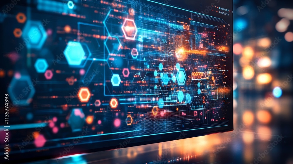 Digital interface with abstract data visualization and geometric shapes. Digital interface with abstract data visualization and geometric shapes.