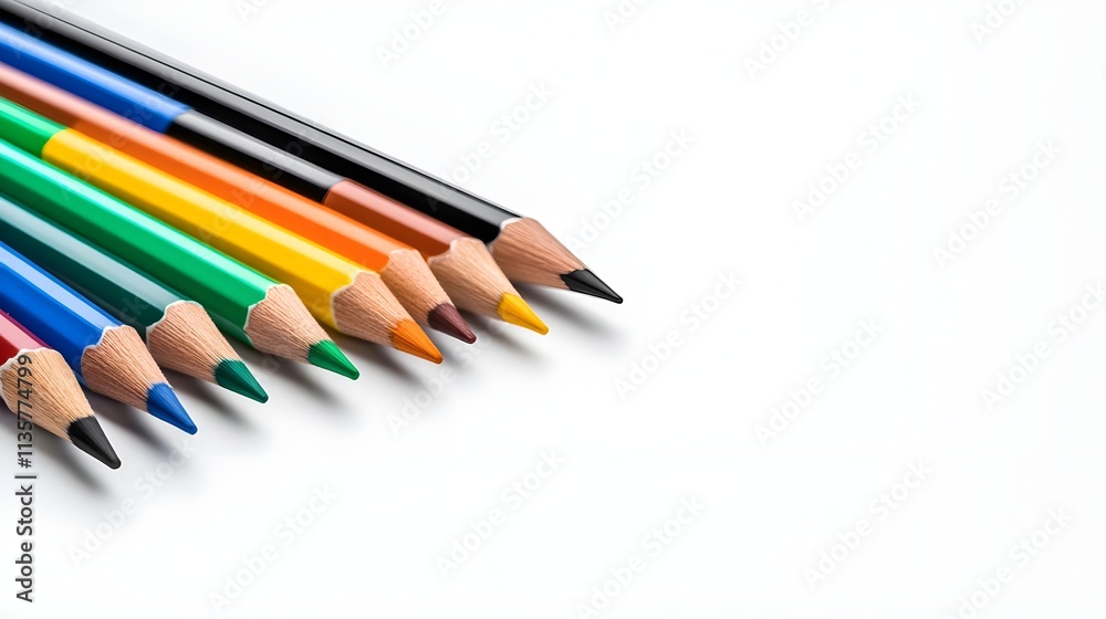 Fototapeta premium A Vibrant Array of Colored Pencils Arranged on a White Background Showcasing Artistic Inspiration and Creativity in a Minimalist Design Aesthetic