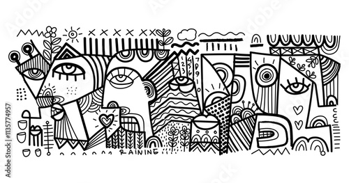 abstract hand drawing face portrait geometric decorative doodle outlines vector illustration. Line art black and white aesthetic design for wall art, prints, cards, decoration, banner and background.