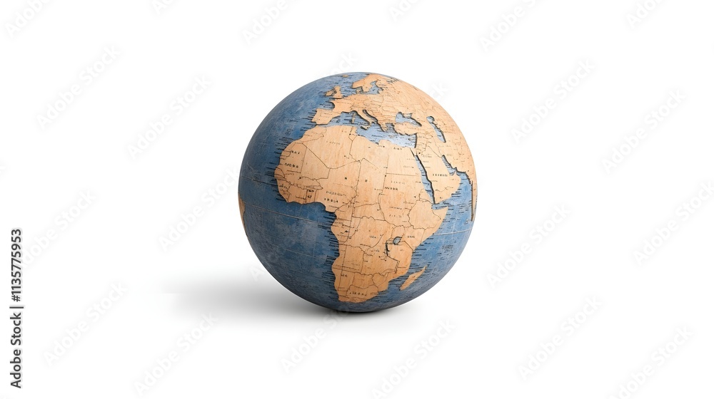 Fototapeta premium Detailed Close-Up of a Globe Featuring Africa and Surrounding Oceans on a White Background, Ideal for Educational and Decorative Purposes