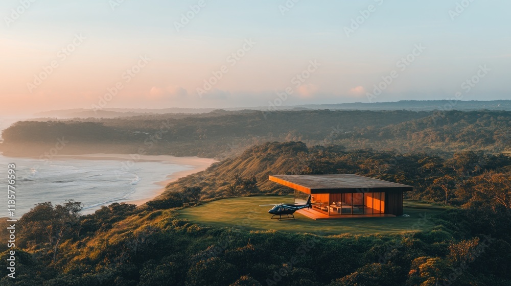 A modern house perched on a cliff overlooking a serene beach at sunset. A modern house perched on a cliff overlooking a serene beach at sunset.
