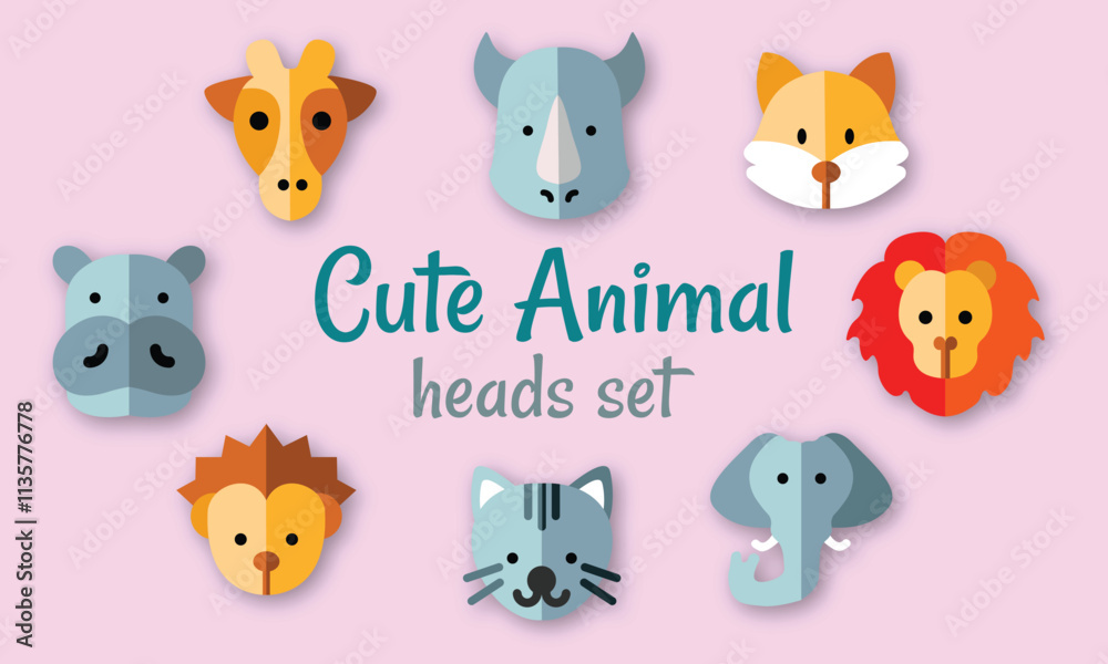 Obraz premium cute Wild animals heads silhouettes set vector isolated illustration. 