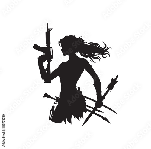 warrior women holding weapons silhouette vector illustration
