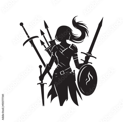 warrior women holding weapons silhouette vector illustration
