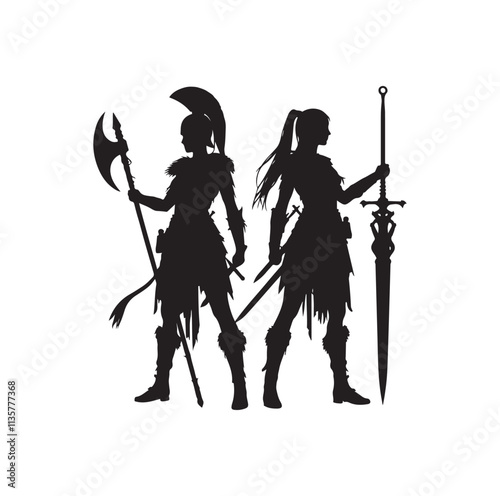 warrior women holding weapons silhouette vector illustration
