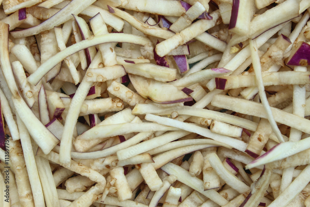 The texture of eggplant cut into small pieces. The texture of eggplant cut into small pieces.