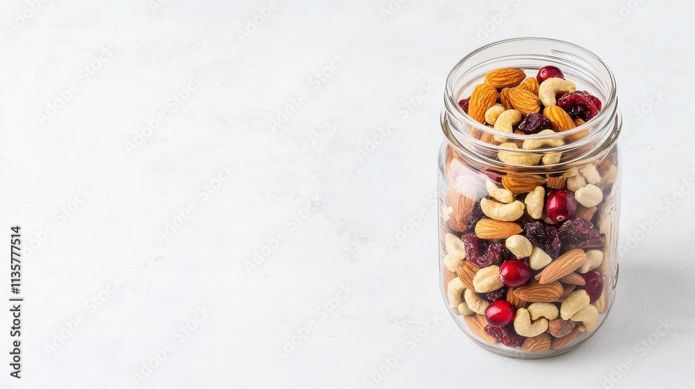 brain-boosting food concept. A jar filled with assorted nuts and dried fruits on a light background. brain-boosting food concept. A jar filled with assorted nuts and dried fruits on a light background.