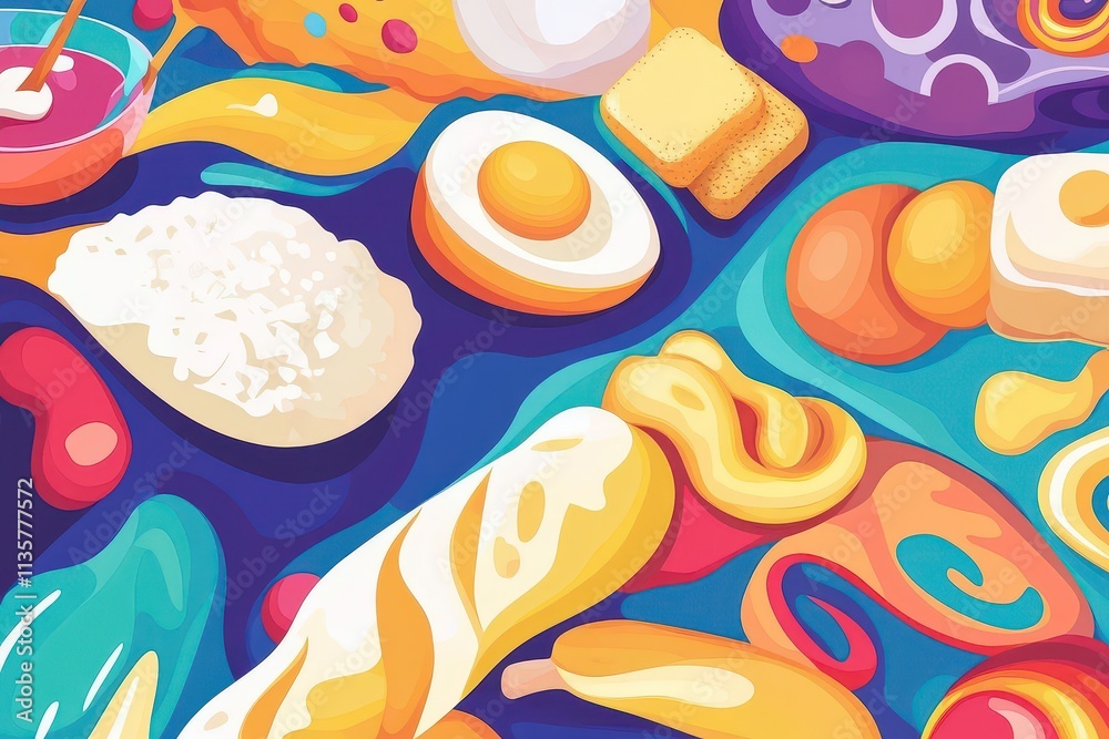 A colorful illustration of various food items arranged artistically. A colorful illustration of various food items arranged artistically.