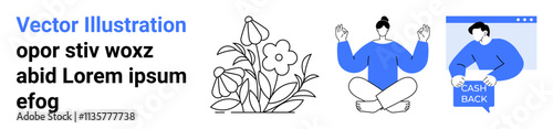 Flowers and leaves, person meditating, cashback window. Ideal for wellness blogs, finance websites, botanical themes, yoga apps, UI design, advertising, and educational content. Landing page