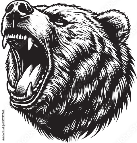 Roaring growling grizzly bear head, tattoo. Powerful white background