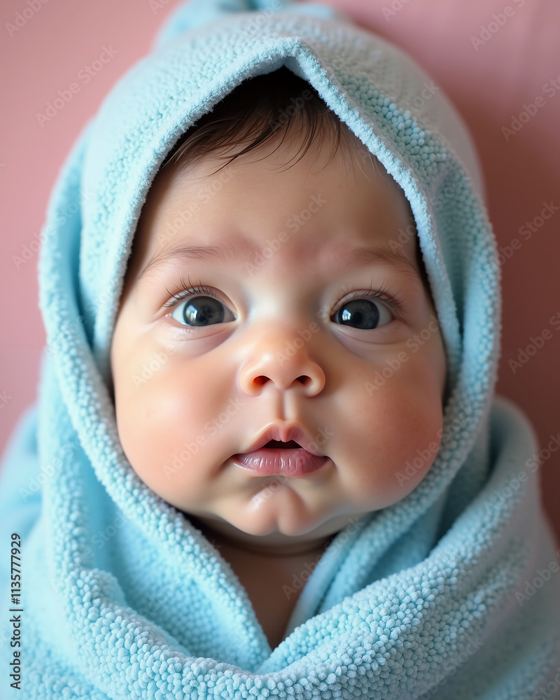 Close-up of a baby wrapped in a soft blue towel with expressive eyes Close-up of a baby wrapped in a soft blue towel with expressive eyes