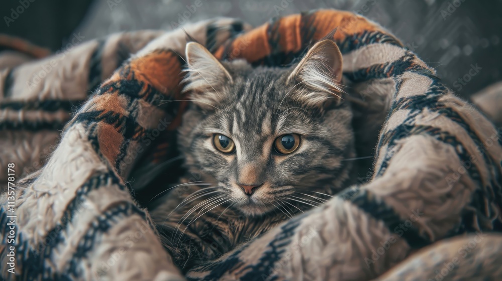 Obraz premium Sweet Kitten Resting on a Plush Blanket in Bed or on the Sofa, Perfect for a Relaxing Pet Photography Setting