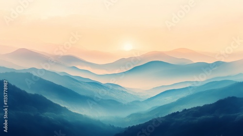 Misty mountains with sunrise in the background