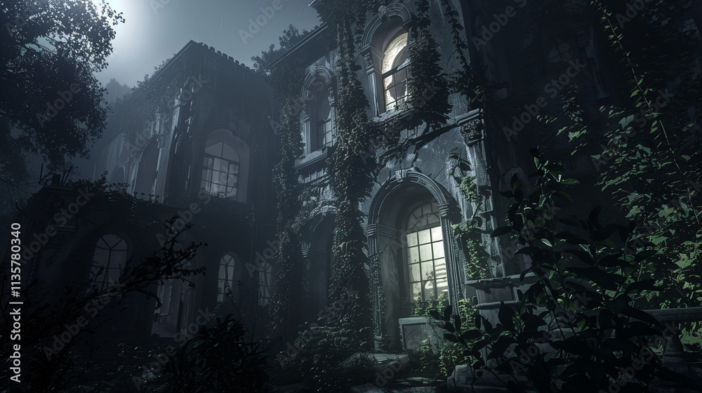An abandoned mansion shrouded in mist, with broken windows, ivy creeping up its walls, and a faint glow emanating from one room. An abandoned mansion shrouded in mist, with broken windows, ivy creeping up its walls, and a faint glow emanating from one room.