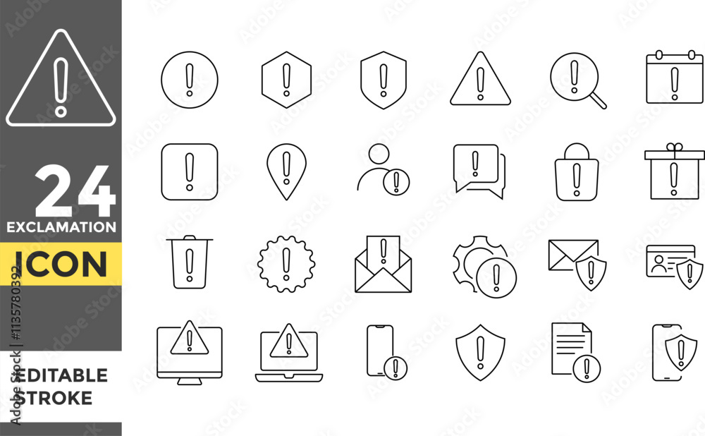 Exclamation mark Editable line stroke icon set. Caution symbols set with exclamation mark. Danger warning.  Pixel perfect. exclamation point. caution mark sign