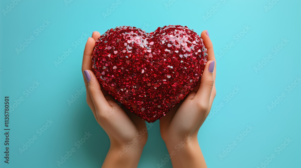 Fototapeta premium Hands holding glittery red heart on vibrant blue background