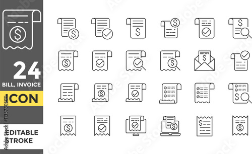 invoice, bill, receipt, payment Editable line stroke icon set. Finance Money Business icons.  Pixel perfect Invoice Icon symbol. Transaction paper list icon sign. bill symbol