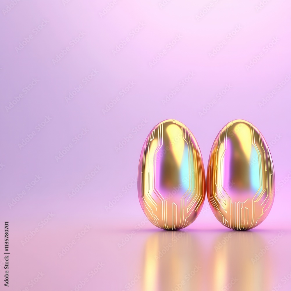 Two shiny, iridescent eggs sit elegantly on a smooth surface, reflecting a soft pink and purple background. Two shiny, iridescent eggs sit elegantly on a smooth surface, reflecting a soft pink and purple background.