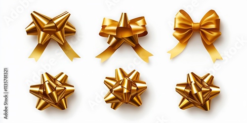 4 golden bows on a white background, shown in top view, front view, side view, and horizontal view. on white background photo