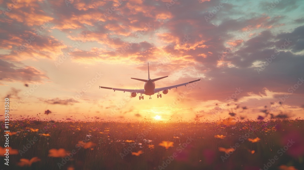 Airplane landing over sunset field. Ideal for travel, adventure, or freedom concepts. Airplane landing over sunset field. Ideal for travel, adventure, or freedom concepts.