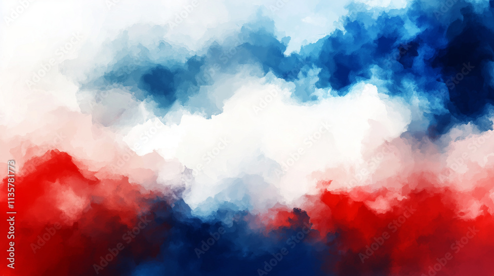Fototapeta premium Abstract watercolor patriotic cloud background in shades of red, white, and blue, perfect for French-themed designs, banners, or greeting cards.