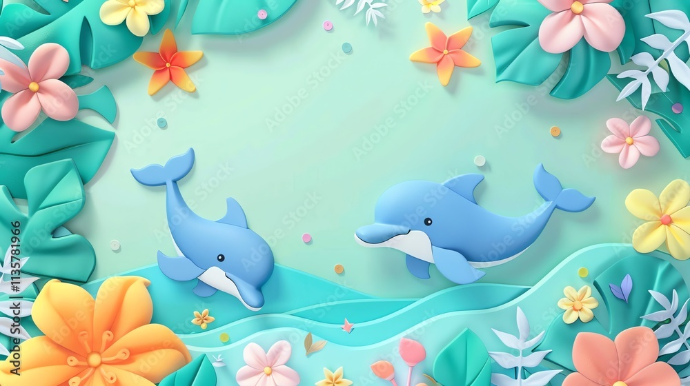 Two blue dolphins swimming in a papercraft ocean surrounded by colorful flowers and leaves. Two blue dolphins swimming in a papercraft ocean surrounded by colorful flowers and leaves.