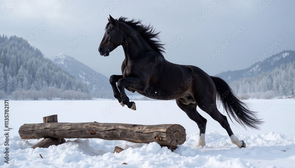 Black horse clearing log in snowy landscape horse jump Black horse clearing log in snowy landscape horse jump