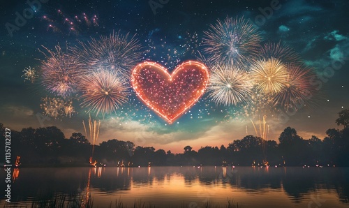 Romantic Fireworks Display with Heart Shape over Lake