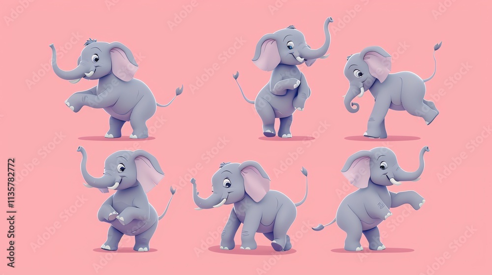 A set of cartoon elephants in various poses. A set of cartoon elephants in various poses.