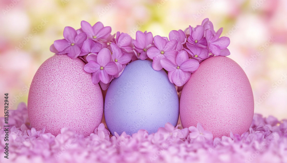 Fototapeta premium Colorful Easter eggs adorned with pastel flowers create cheerful spring scene. Perfect for celebrating season!