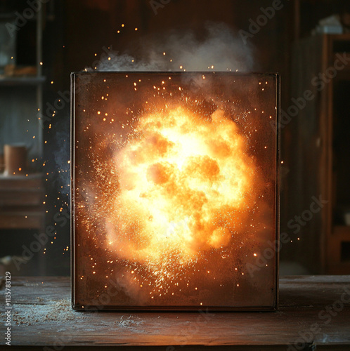 a square metal box with an explosion coming out of it  photo