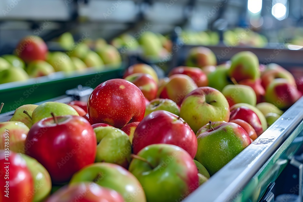Red apples on a conveyor belt in a fruit processing plant. Red apples on a conveyor belt in a fruit processing plant.