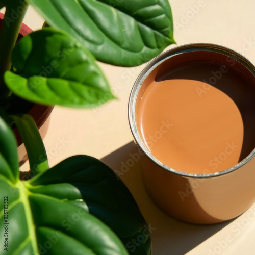 iron can with brown oil paint, next to it a houseplant with green leaves, mocha-mousse color photo