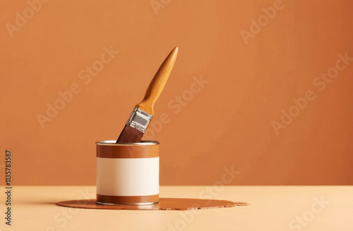 large iron can filled with brown oil paint and paint brush against brown wall photo