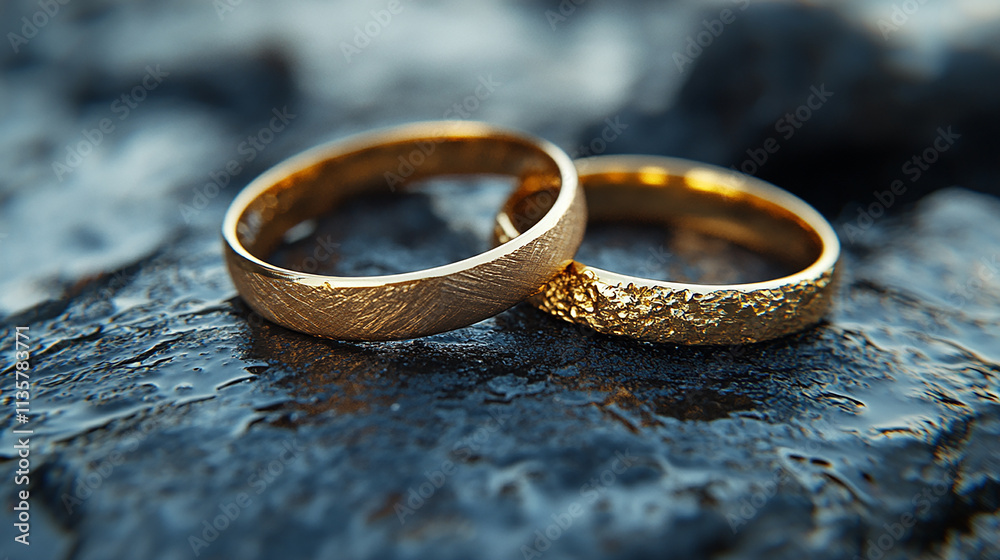 Two gold wedding rings rest on a textured, dark gray surface, Two gold wedding rings rest on a textured, dark gray surface,