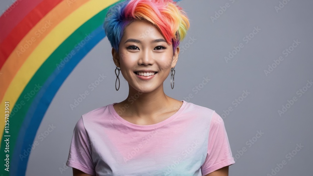 カラフルヘアーの笑顔美女ポートレート,Generative AI AI画像