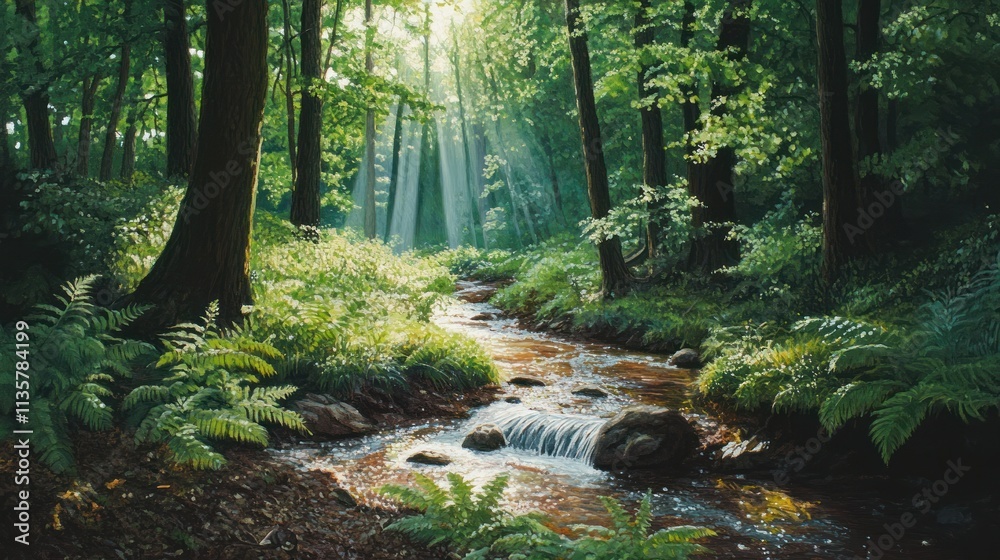 Sunbeams through forest trees over stream with lush ferns. Sunbeams through forest trees over stream with lush ferns.