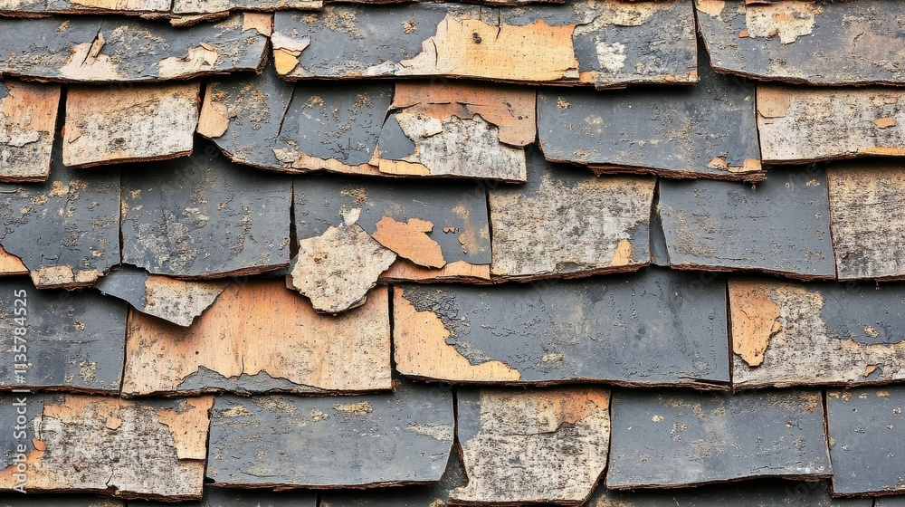 Close-up of weathered, decaying slate roof tiles. Shows texture of age, decay and damage, ideal for background or illustrating neglect.
