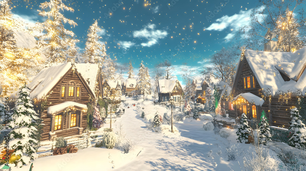 Fototapeta premium Winter Fairytale Town with Snow-Covered Trees and Cozy Cottages, Enchanting Blue Skies and Golden Glitter.