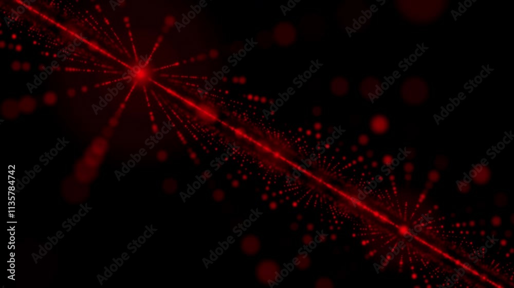 Abstract design of glowing red particles radiating outward in symmetrical bursts over a dark background. themes of energy technology futuristic visuals Radiant red particle explosion 