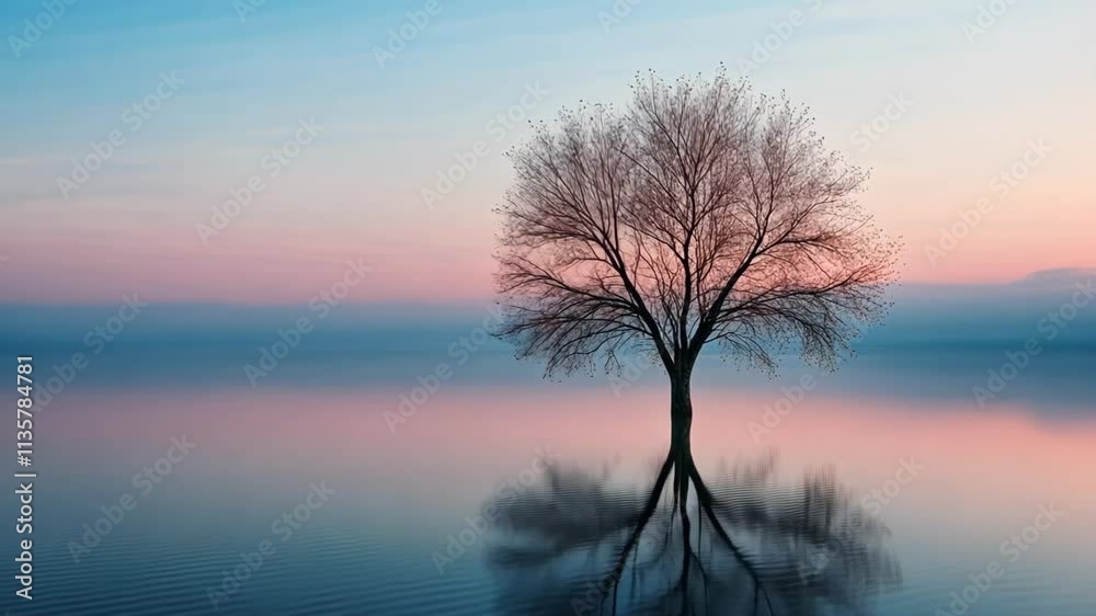 timelapse peaceful breathtaking landscape of  lake with a lone tree at sunset time 