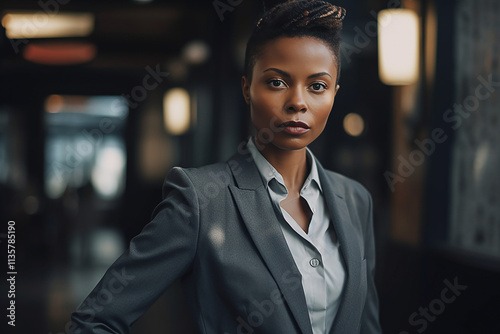 A serious-looking dark-skinned woman in a gray business suit.