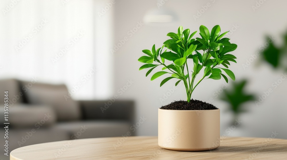 Potted flowers are placed on a wooden table with soil visible, against a blurred background of a simple white living room to create a fresh and natural look. Potted flowers are placed on a wooden table with soil visible, against a blurred background of a simple white living room to create a fresh and natural look.