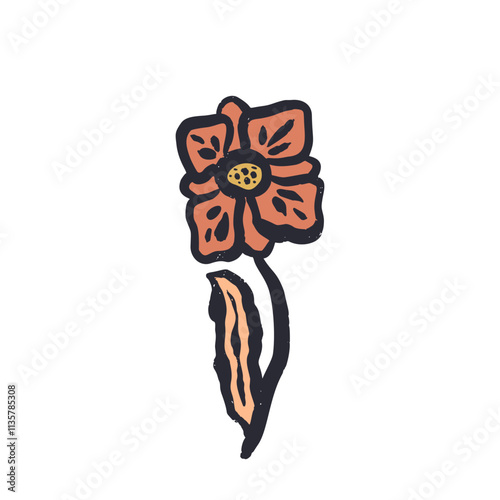 Black outline minimal abstract orange inky flower. Sketchy textured loose floral doodle. Hand drawn retro botanical abstraction