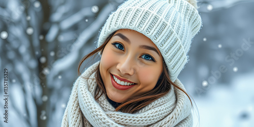 Beautiful asian fashion model for winter portrait. Smiling gorgeous woman happy mood, snowing blurred forest nature landscape. Freedom carefree winter season outdoor fun beauty portrait white knitwear